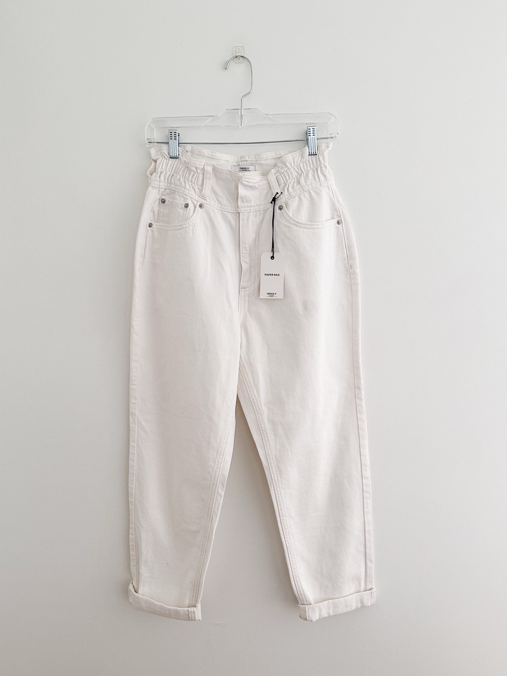 Forever 21 Paperbag Waist White Denim Jeans High Rise Tapered Minimalist Size M